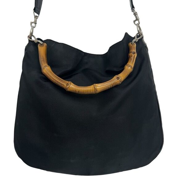 Gucci Bamboo Handle Black Nylon Two Way Shoulder Bag Authentic w Serial # - Picture 6 of 14